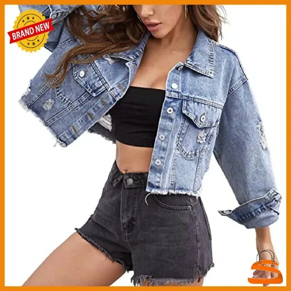 Cropped Denim Jacket Distressed Ripped Frayed Long Sleeve Button Up